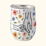 Personalised Mom And Kids Hand In Hand Watercolour Floral 12oz Wine Tumbler with Name Mother's Day Gift for Mom Grandma