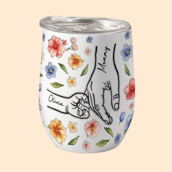 Vaso de Vino de 12oz Personalizado Mamá y Niños Mano a Mano Floral de Acuarela con Nombre Regalo del Día de la Madre para Mamá Abuela