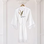 Personalized Watercolor Birth Flower Satin Robe with Lace Trim and Name Bachelorette Party Bridesmaid Wedding Gift for Her