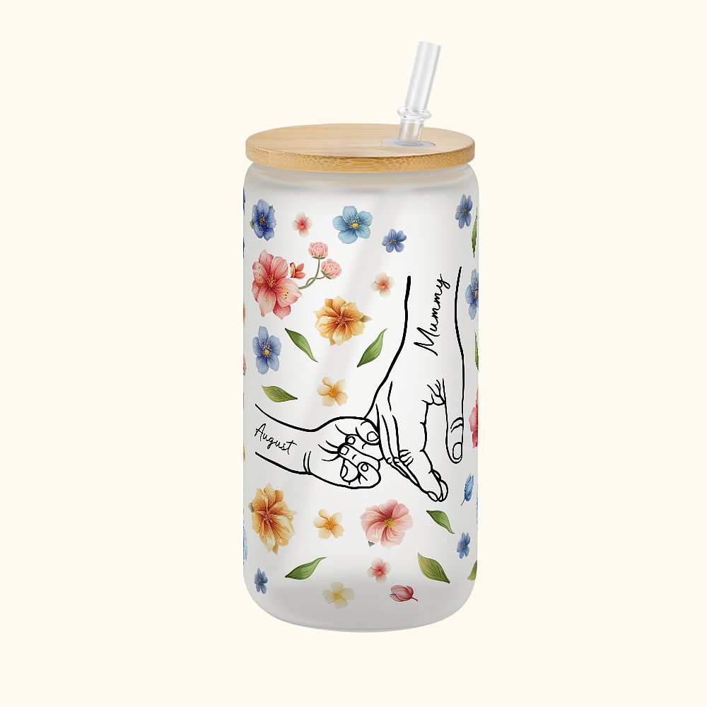 Verre Givré 600ml avec Couvercle Paille Personnalisé avec Nom Main dans la Main Aquarelle Florale Cadeau Anniversaire Fête des Mères pour Femme