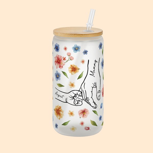 Personalized Hand in Hand Watercolor Floral 20oz Frosted Glass Tumbler with Lid Straw and Names Birthday Mother's Day Gift for Woman