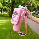 Personalized Birth Flower Waterproof Name Water Bottle Carrier Bag for 40oz Stanley Tumbler with Strap and Pouch Birthday Anniversary Gift for Her