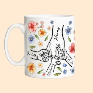 Personalized Watercolor Flower 1-9 Holding Hands Ceramic Mug with Name Mother's Day Birthday Gift for Mom Grandma