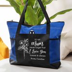 Personalized I Love You Birth Flower Canvas Tote Bag with Zipper Large Capacity Mother's Day Gift for Mom Grandma