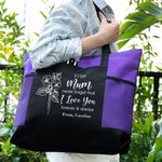 Personalized I Love You Birth Flower Canvas Tote Bag with Zipper Large Capacity Mother's Day Gift for Mom Grandma