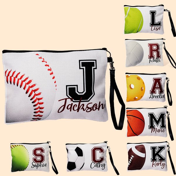 Bolsa de cosméticos personalizada con nombre e inicial de béisbol y correa para la muñeca Regalo de equipo para amantes del deporte
