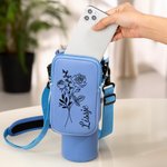 Personalized Birth Flower Waterproof Name Water Bottle Carrier Bag for 40oz Stanley Tumbler with Strap and Pouch Birthday Anniversary Gift for Her