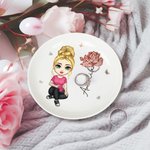 Personalized Cute Cartoon Character Ceramic Ring Dish Jewelry Tray with Birth Flower and Name Birthday Bridesmaid Gift for Women Girls