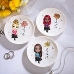 Personalized Cute Cartoon Character Ceramic Ring Dish Jewelry Tray with Birth Flower and Name Birthday Bridesmaid Gift for Women Girls