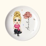 Personalized Cute Cartoon Character Ceramic Ring Dish Jewelry Tray with Birth Flower and Name Birthday Bridesmaid Gift for Women Girls