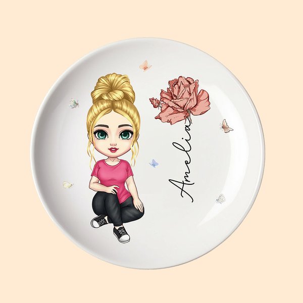 Personalisierte niedlichen Cartoon-Charakter Keramik Ring Dish Schmuck Tablett mit Geburt Blume und Name Geburtstag Brautjungfer Geschenk für Frauen M
