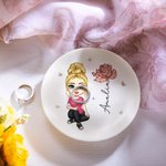 Personalized Cute Cartoon Character Ceramic Ring Dish Jewelry Tray with Birth Flower and Name Birthday Bridesmaid Gift for Women Girls