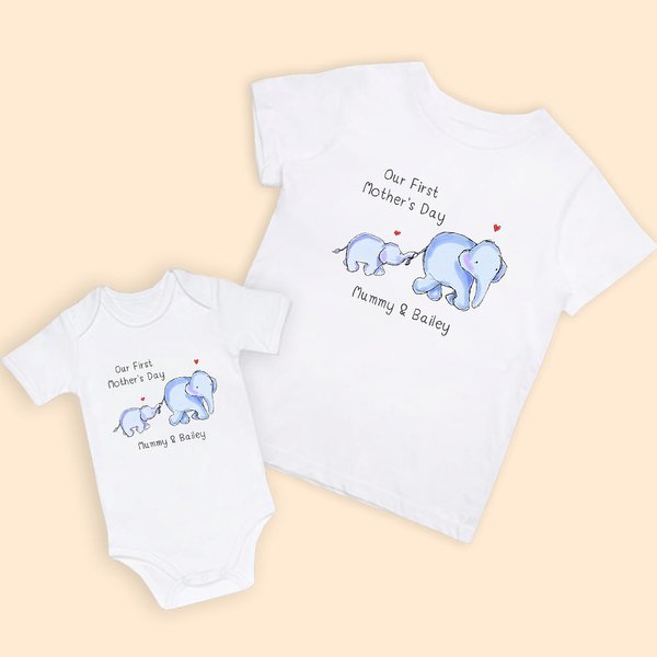 Personalized Our First Mother’s Day Elephant Baby Onesie and Mommy Matching T-Shirt with Names Gift for Baby New Mom
