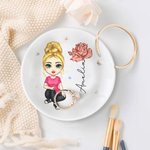 Personalized Cute Cartoon Character Ceramic Ring Dish Jewelry Tray with Birth Flower and Name Birthday Bridesmaid Gift for Women Girls