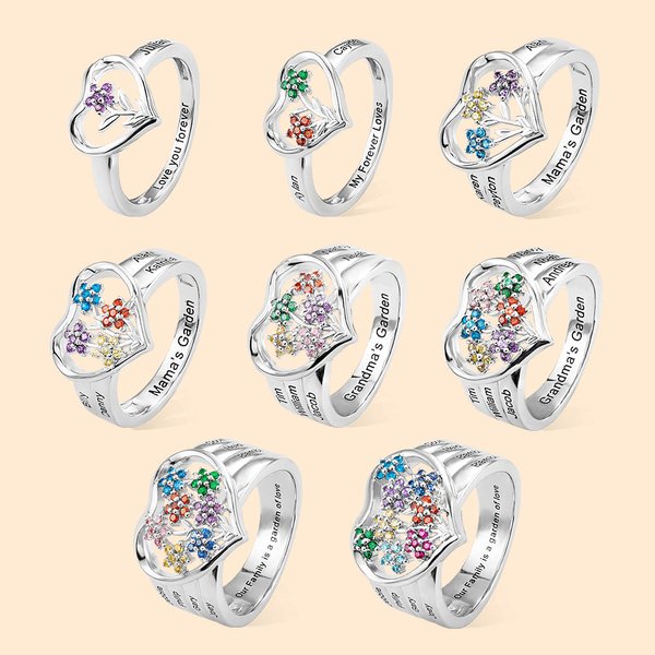 Personalised Grandma's Garden Birthstone Flower Family Ring with Engraved Names Birthday Mother's Day Gift for Grandma Mother