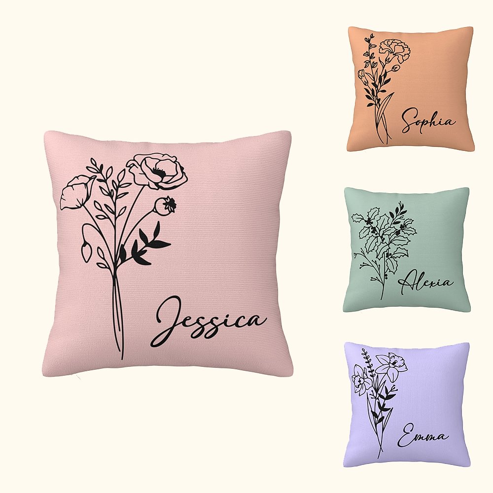Taie d'oreiller personnalisée avec fleur de naissance multicolore et nom Cadeau de fête des mères et d'anniversaire pour femme
