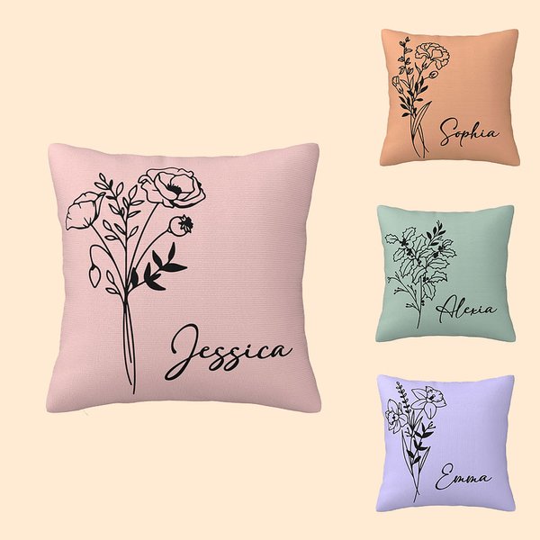 Funda de Almohada Personalizada Flor de Nacimiento Multicolor con Nombre Día de la Madre Regalo de Cumpleaños para Mujer