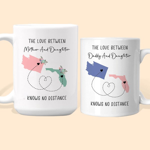 Personalisierte Die Liebe zwischen Mutter und Tochter kennt keine Entfernung Karte 11oz 15oz Keramikbecher Long Distance Vatertag Muttertag Geschenk f