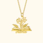 Personalized Birth Flower Book Necklace with Name Back to School Birthday Mother's Day Gift for Woman Book Lover