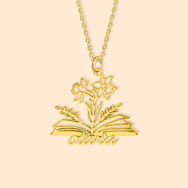 Personalized Birth Flower Book Necklace with Name Back to School Birthday Mother's Day Gift for Woman Book Lover