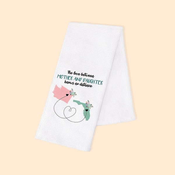 Gepersonaliseerde De Liefde Tussen Moeder en Dochter Kent Geen Afstand Kaart 100% Katoenen Wafel Theedoek Lange Afstand Moederdag Cadeau voor Familie
