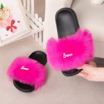 Personalized Pink and White Fashion Fluffy Faux Fur Slippers with Name Birthday Gift for Best Friend Bridesmaid