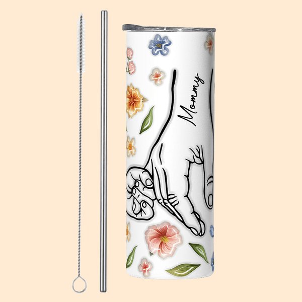Personalisierte Aquarell Blumen 3D-Effekt Hand in Hand Namen Skinny Becher mit Strohhalm und Pinsel Mutter Geschenk für Mama Oma