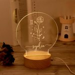 Personalisierte Geburt Blume Zodiac Name LED-Nachtlicht mit Holz Base Home Dekoration Valentinstag Geburtstag Geschenk für Paar oder Kind