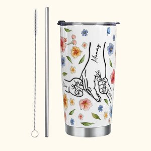 Personalized Watercolor Flowers 3D Effect Hand in Hand 20oz Tumbler with 1-9 Kid Names Straw and Brush Birthday Mother’s Day Gift for Her