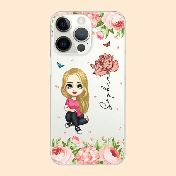 Funda de teléfono personalizada de un simpático personaje de dibujos animados con flor de nacimiento y nombre Día de la Madre Regalo de cumpleaños par