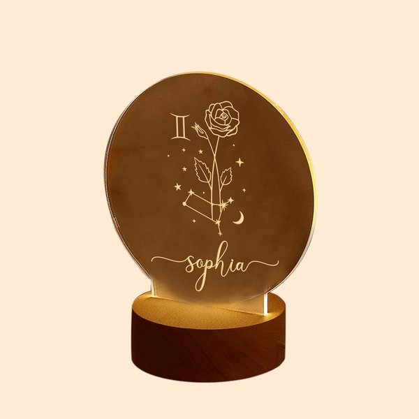 Personalisierte Geburt Blume Zodiac Name LED-Nachtlicht mit Holz Base Home Dekoration Valentinstag Geburtstag Geschenk für Paar oder Kind
