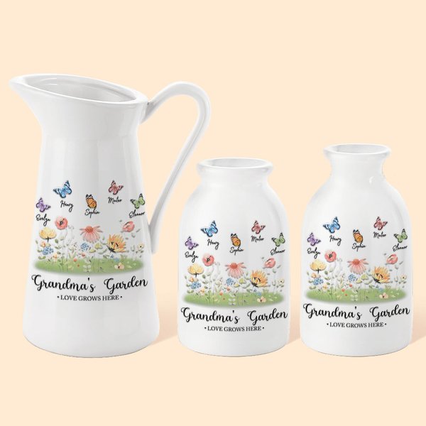 Vaso di ceramica bianco con farfalla del giardino della nonna personalizzato con 1- 8 nomi Decorazione per la casa Festa della mamma Regalo di complea