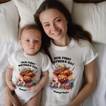 Personalisierte Unsere erste Muttertag Highland Cattle Baby Onesie und Mama T-Shirt-Set mit Namen Muttertag Geburtstag Geschenk für Baby neue Mutter