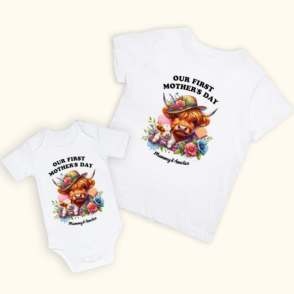 T-shirt personnalisé pour bébé Highland Cattle et maman avec noms Cadeau d'anniversaire de la fête des mères pour bébé et nouvelle maman