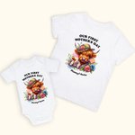 Personalisierte Unsere erste Muttertag Highland Cattle Baby Onesie und Mama T-Shirt-Set mit Namen Muttertag Geburtstag Geschenk für Baby neue Mutter