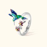 Personalisierte einstellbare Kolibri Ring mit roter Blume und eingraviertem Text Sterling Silber Frau Schmuck Geburtstag Geschenk für Vogelliebhaber