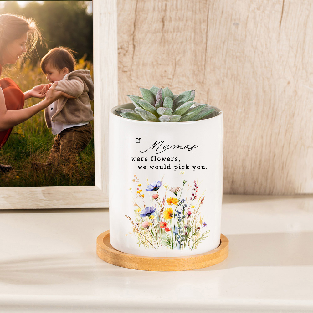 Personalized Watercolor Floral Ceramic Plant Pot with Bamboo Base and ...