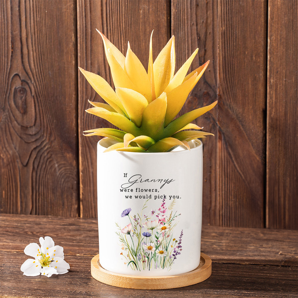 Personalized Watercolor Floral Ceramic Plant Pot with Bamboo Base and ...