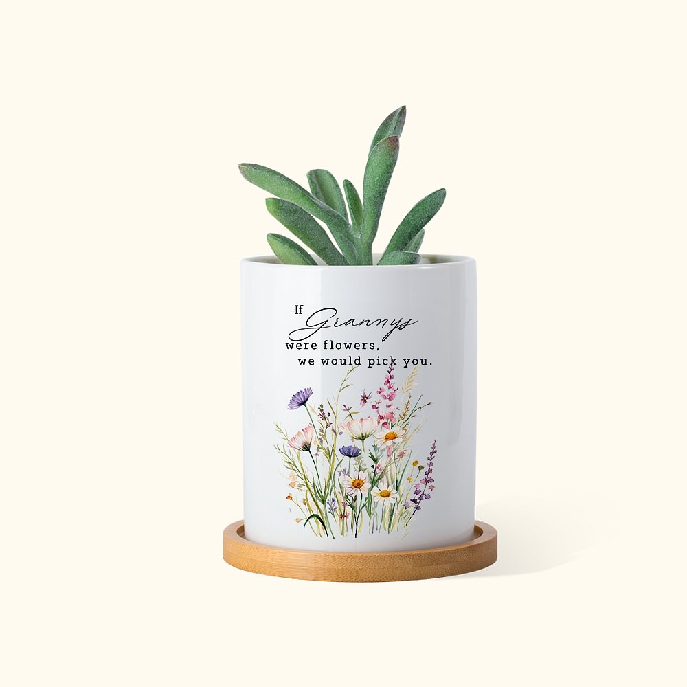 Pot de fleurs en céramique aquarelle personnalisé avec base en bambou et nom Cadeau de fête des mères Cadeau d'anniversaire pour maman grand-mère