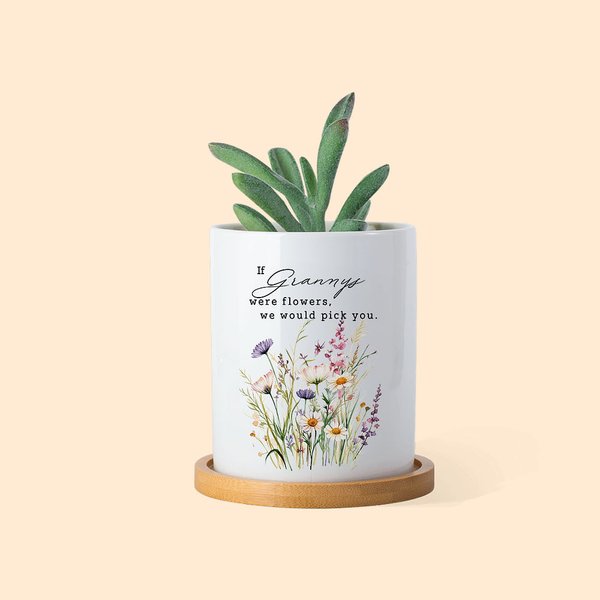 Personalised Watercolour Floral Ceramic Plant Pot with Bamboo Base and Name Mother's Day Birthday Gift for Mom Grandma