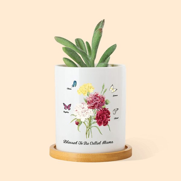 Gepersonaliseerde Geboorte Vlinder Anjer Boeket Keramische Plantenpot met Bamboe Voet en Naam Moederdag Verjaardagscadeau voor Mama Oma
