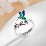 Personalisierte einstellbare Kolibri Ring mit roter Blume und eingraviertem Text Sterling Silber Frau Schmuck Geburtstag Geschenk für Vogelliebhaber