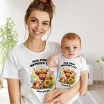 Personalisierte Unsere erste Muttertag Highland Cattle Baby Onesie und Mama T-Shirt-Set mit Namen Muttertag Geburtstag Geschenk für Baby neue Mutter