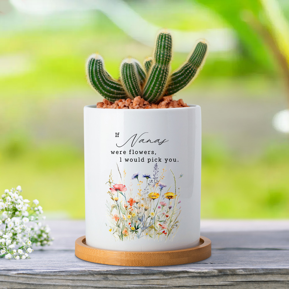 Personalized Watercolor Floral Ceramic Plant Pot with Bamboo Base and ...