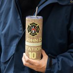 Personalized Stainless Steel Badge Tumbler with Text and Straw Brush Father's Day Birthday Gift for Firefighter