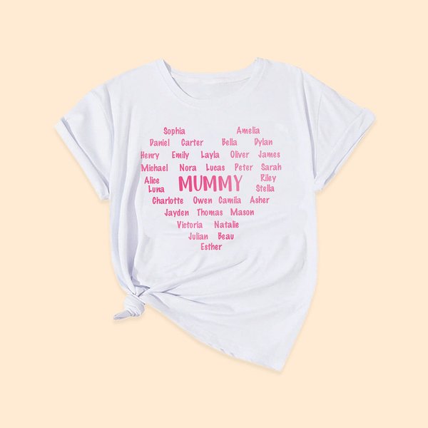 Personalised 100% Cotton Gradient Heart T-shirt with 1-32 Names Mother's Day Birthday Gift for Mom Grandma