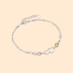 Bracelet double coeur personnalisé avec deux pierres de naissance Bijoux Maman et Fille Anniversaire Fête des Mères Cadeau pour Elle