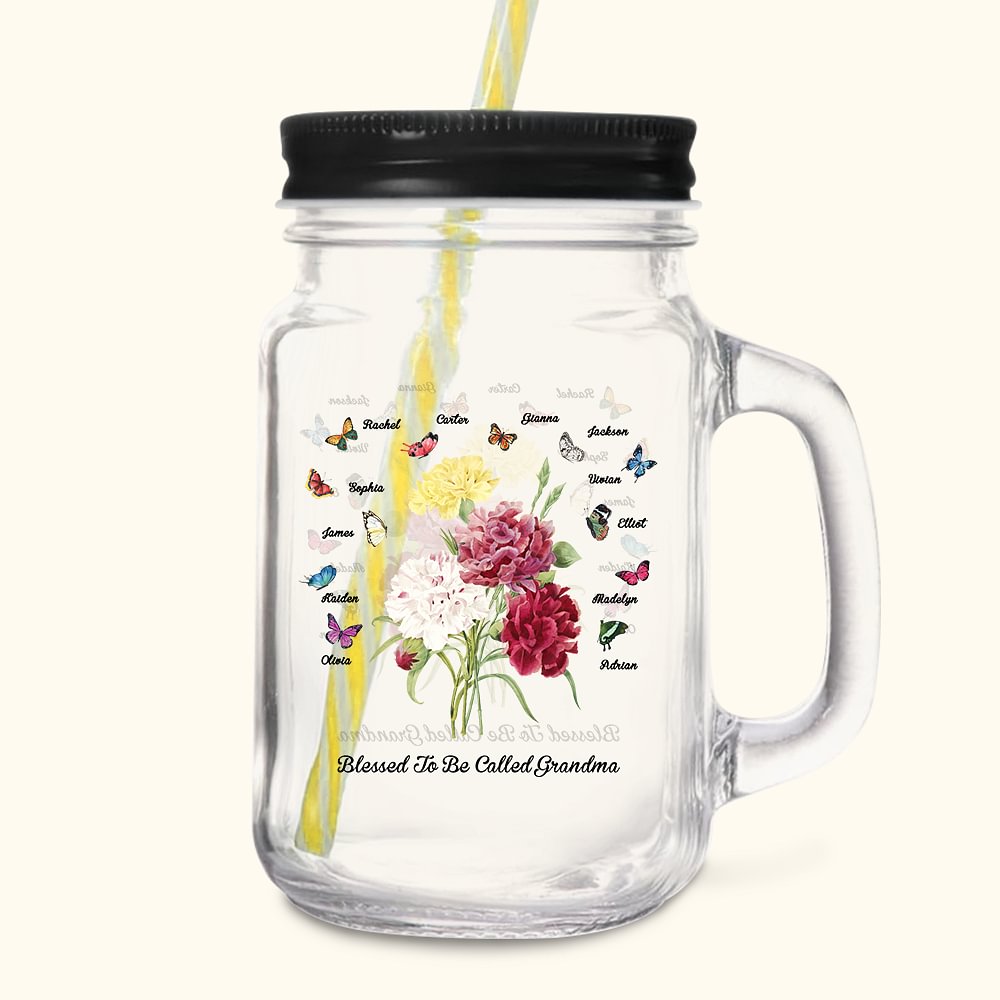 Personalizzato nascita farfalla garofano bouquet Mason Jar con manico coperchio e cannuccia Festa della mamma regalo di compleanno per la nonna mamma