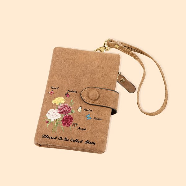 Embroidered Carnation Bouquet Tri-Fold Wallet - 1-6 Birth Butterflies