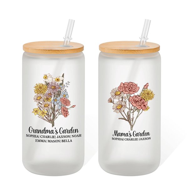Personalisierte 20oz Vintage Aquarell Geburt Blume 1-12 Namen Glasflasche mit Bambus-Deckel und Stroh Mutter Geschenk für Mama und Oma